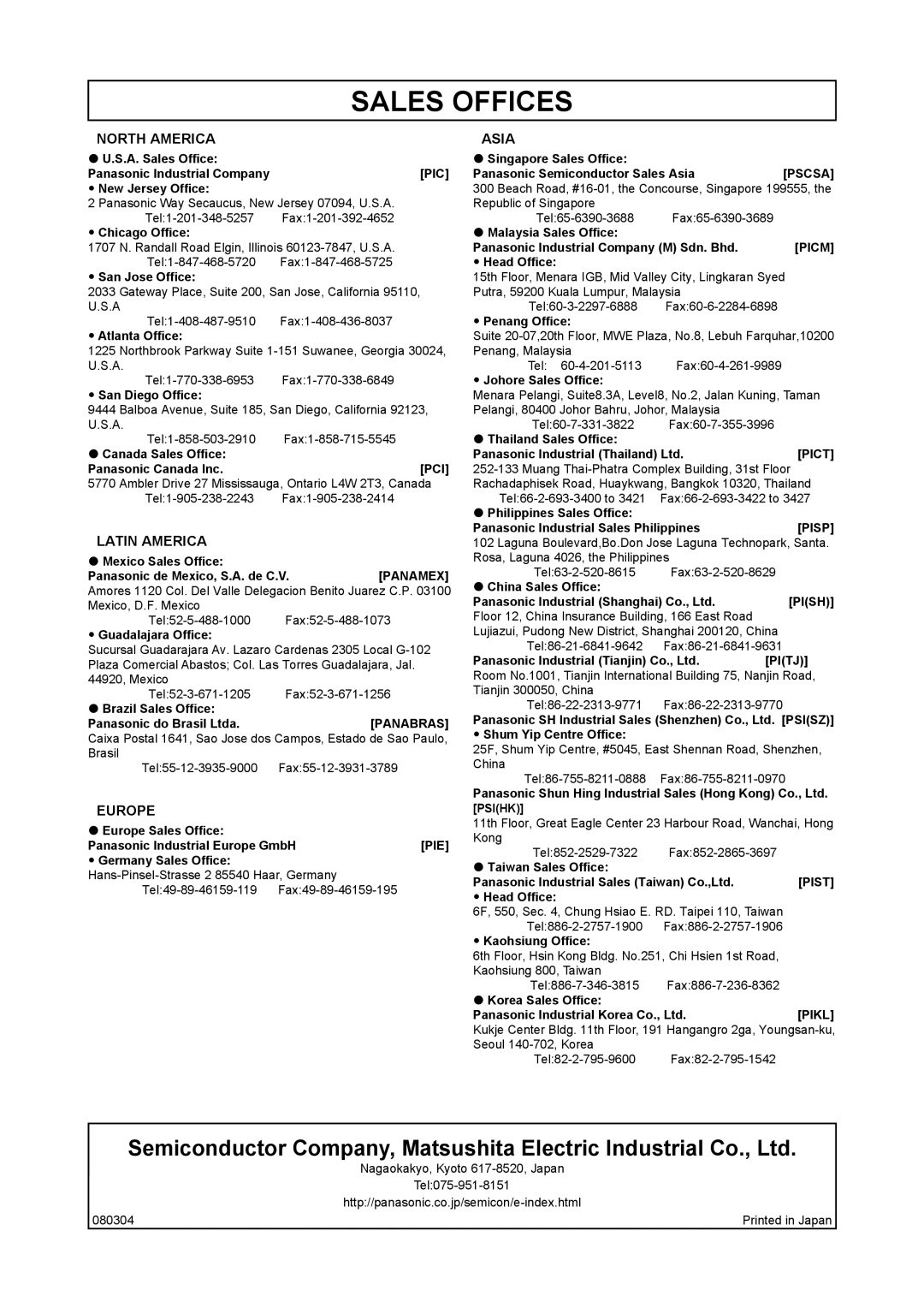 Panasonic MN1030 user manual Sales Offices 