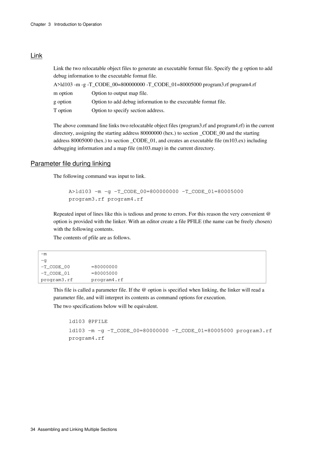 Panasonic MN1030 user manual Parameter file during linking, Following command was input to link 