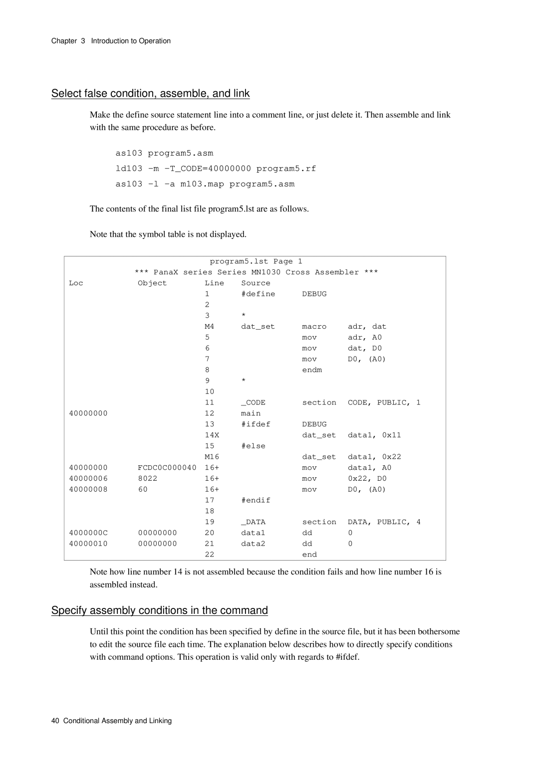 Panasonic MN1030 user manual Select false condition, assemble, and link, Specify assembly conditions in the command 