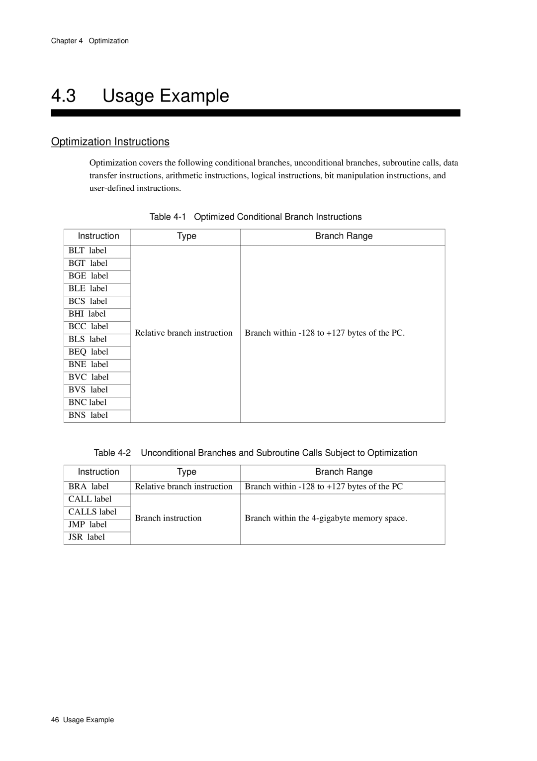 Panasonic MN1030 Usage Example, Optimization Instructions, Optimized Conditional Branch Instructions Type Branch Range 