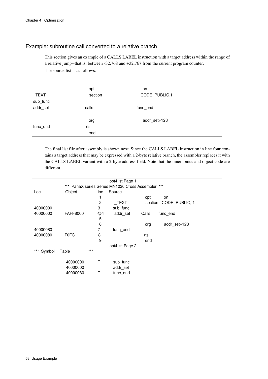 Panasonic MN1030 user manual Example subroutine call converted to a relative branch 