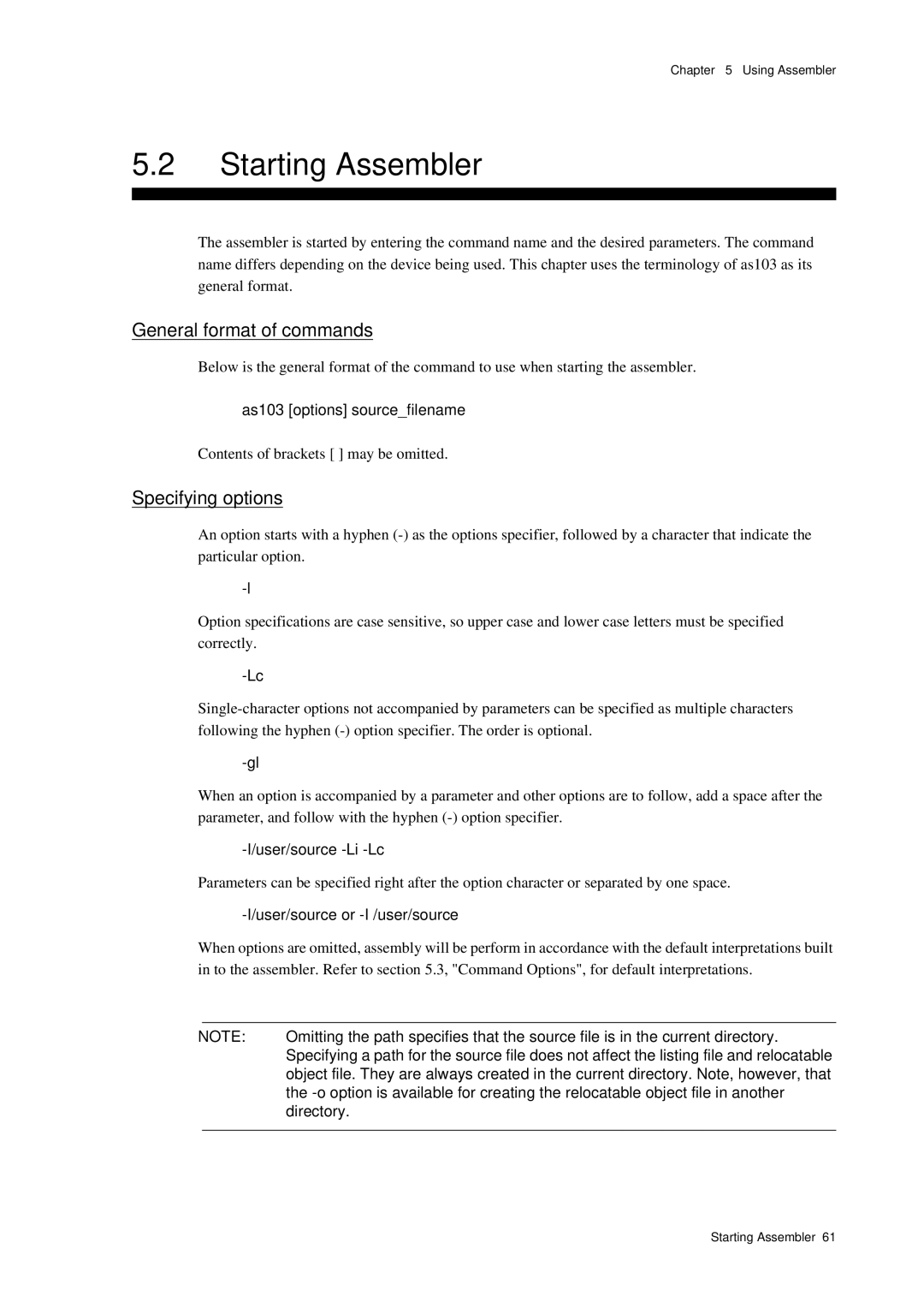 Panasonic MN1030 user manual Starting Assembler, General format of commands, Specifying options 