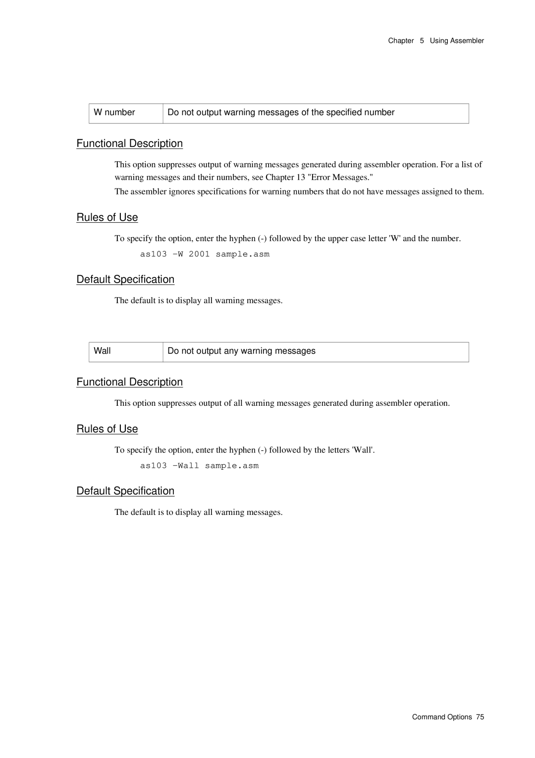 Panasonic MN1030 user manual As103 -W 2001 sample.asm, Default is to display all warning messages, As103 -Wall sample.asm 