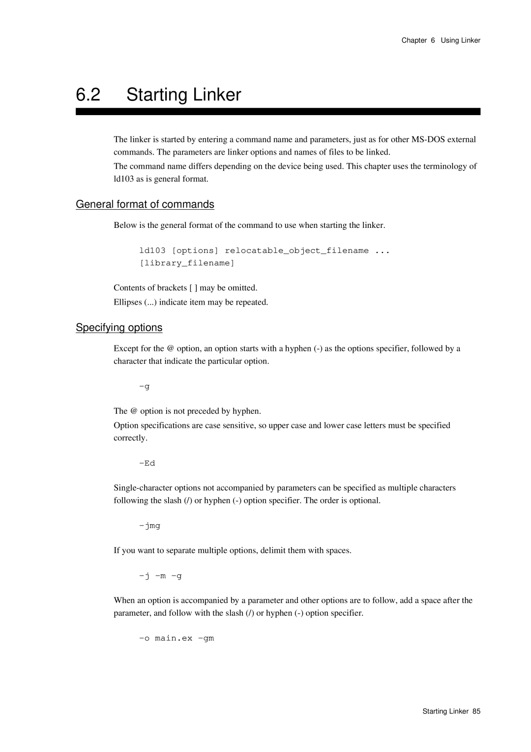 Panasonic MN1030 user manual Starting Linker, Ld103 options relocatableobjectfilename Libraryfilename, Jmg, Main.ex -gm 