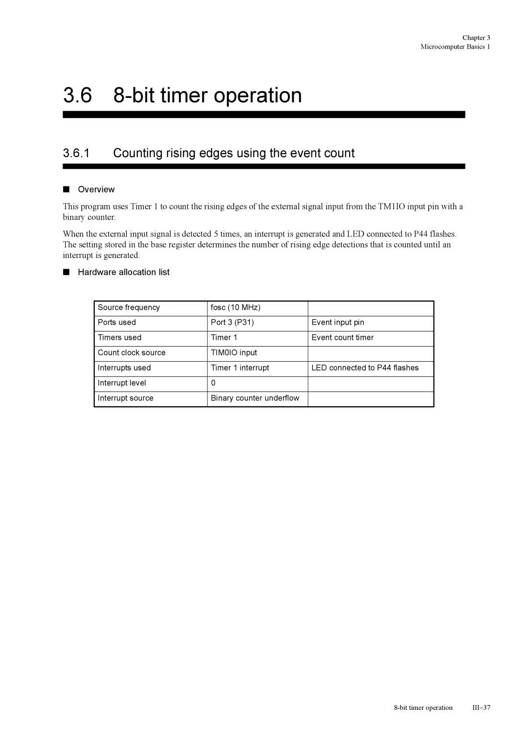 Panasonic MN103S manual Counting rising edges using the event count, Overview, Hardware allocation list 