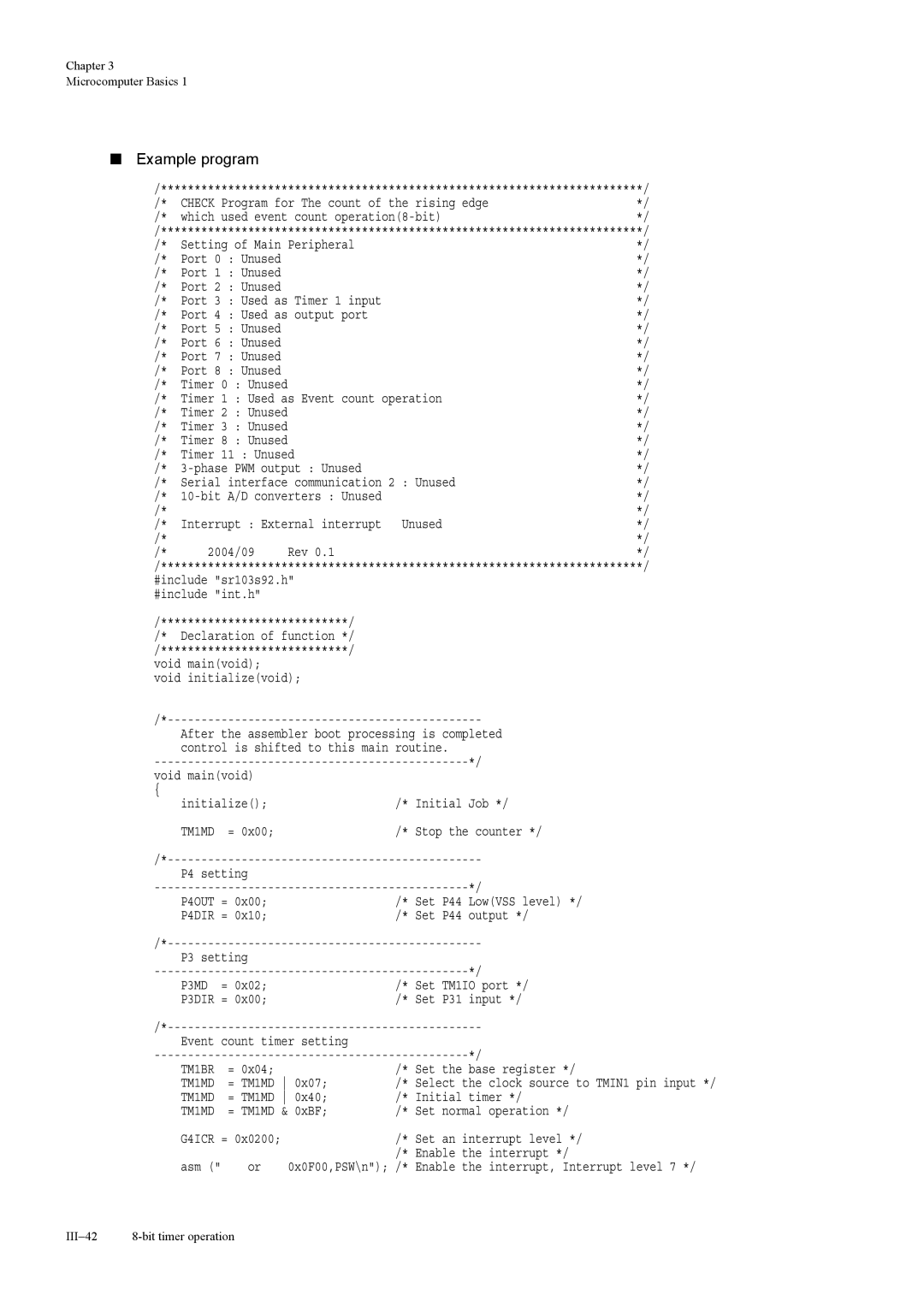 Panasonic MN103S manual Example program, Enable the interrupt 