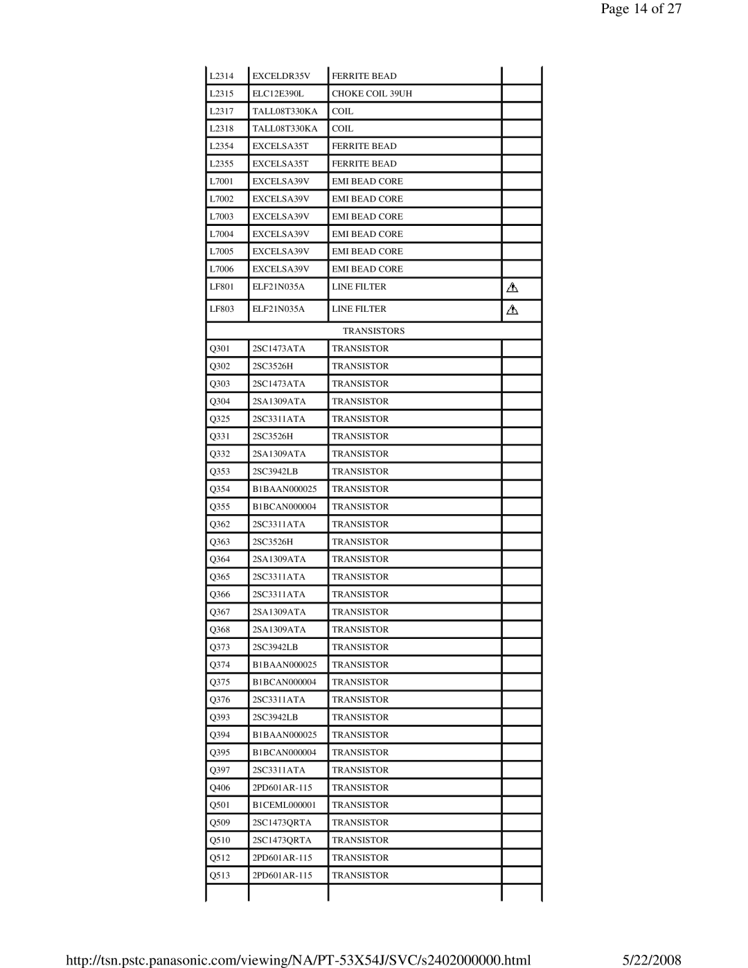 Panasonic MTNC040520C1 service manual Transistors 