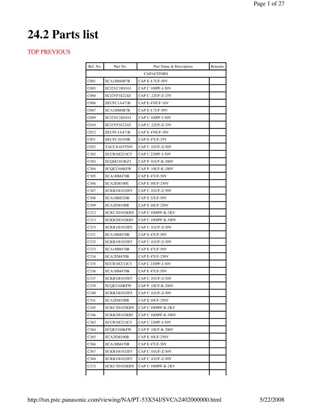 Panasonic MTNC040520C1 service manual Parts list 