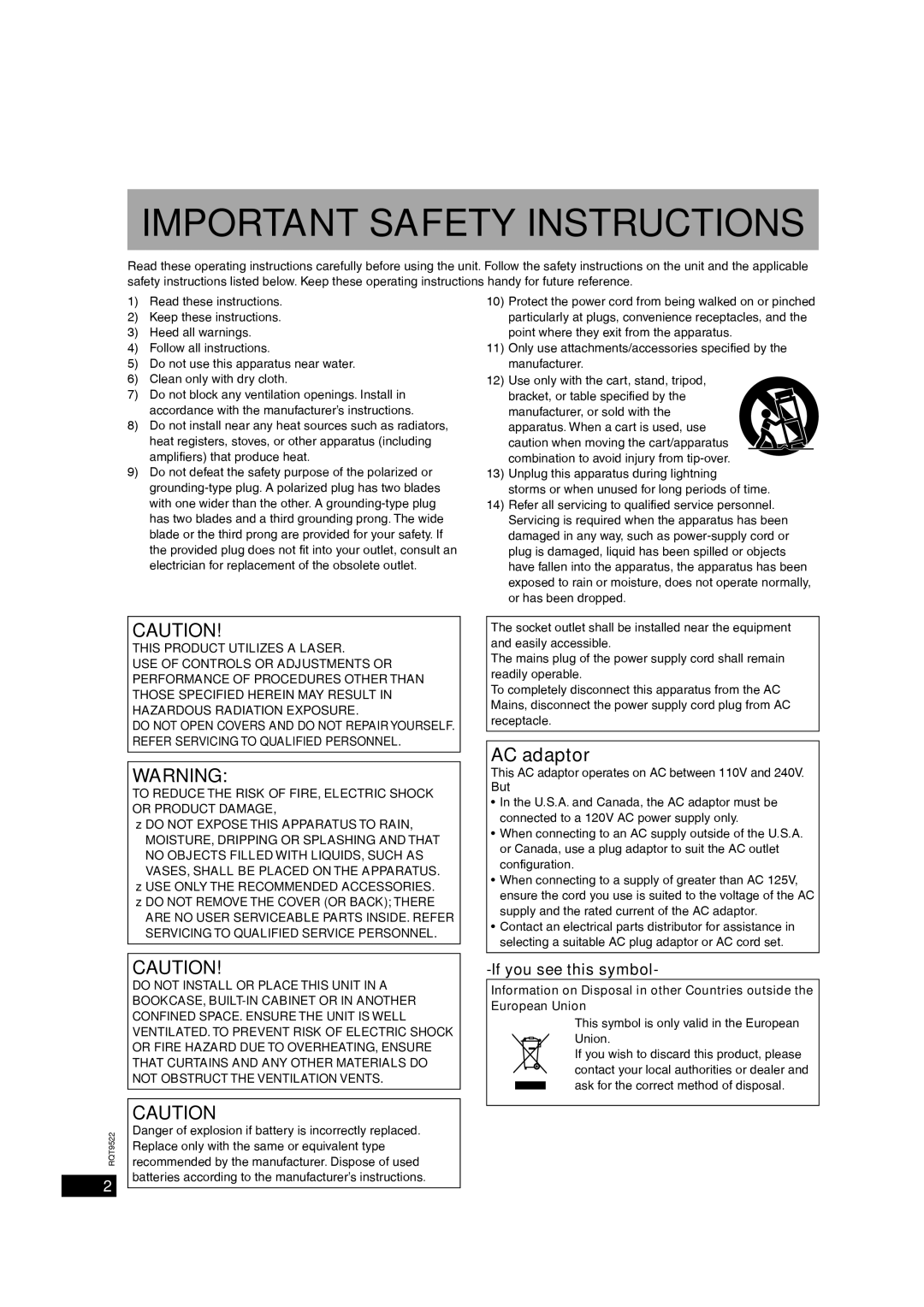 Panasonic MW-10 operating instructions AC adaptor, This symbol is only valid in the European Union 