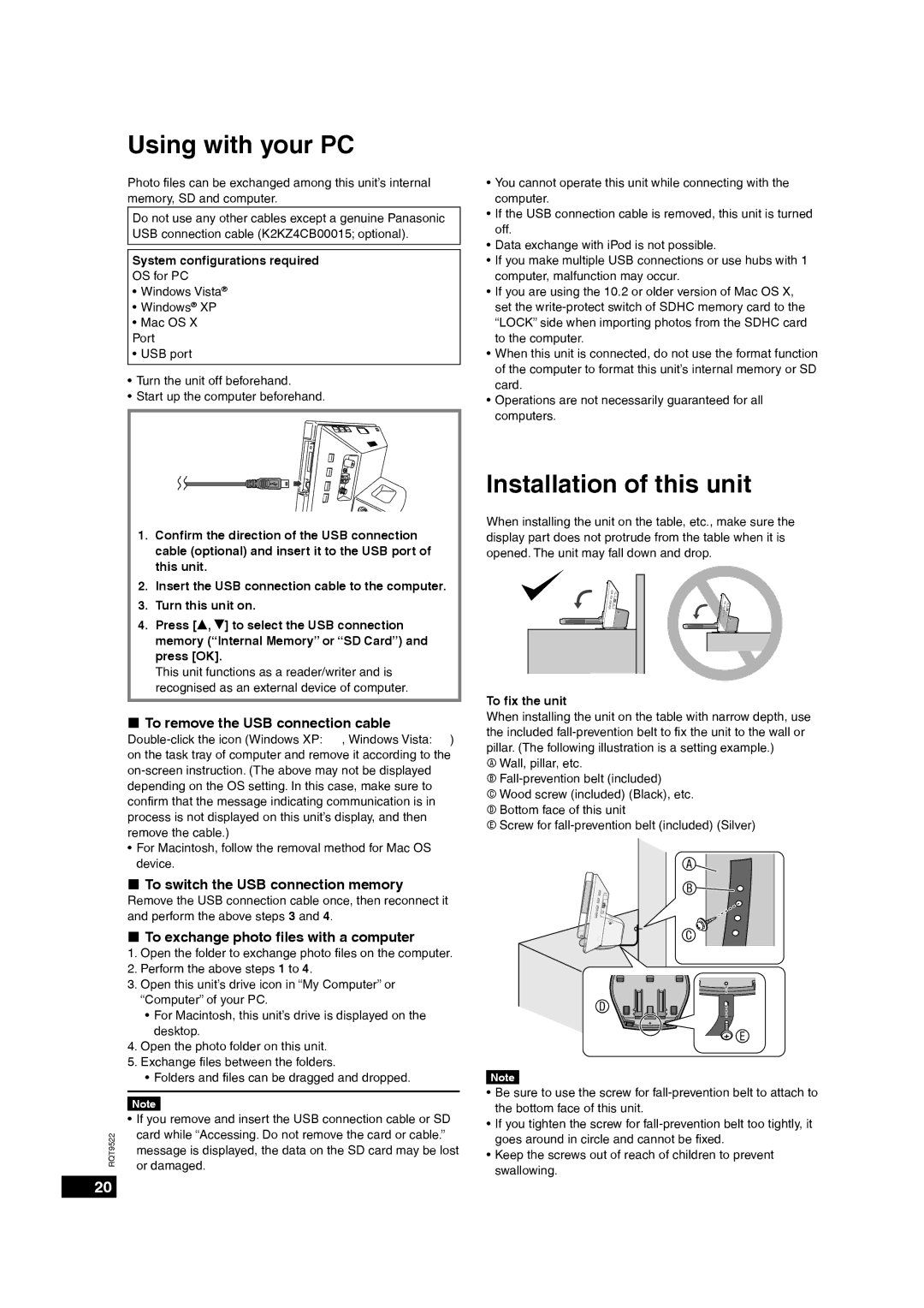 Panasonic MW-10 operating instructions Using with your PC, Installation of this unit, „ To remove the USB connection cable 