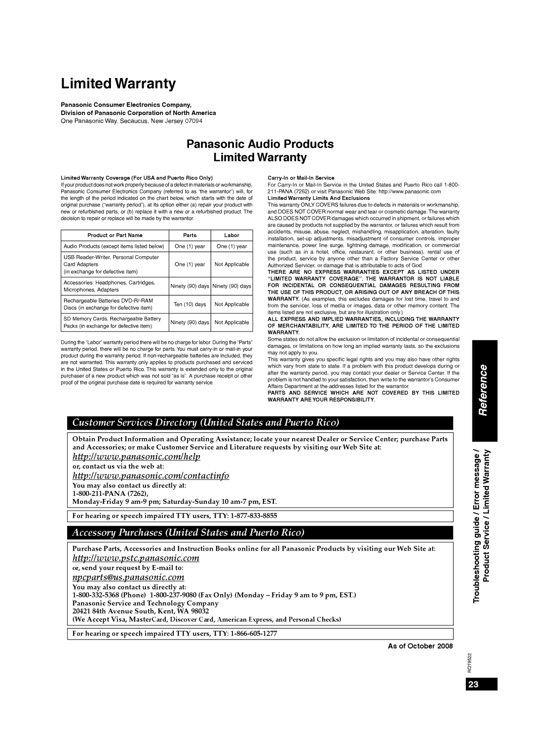 Panasonic MW-10 operating instructions Limited Warranty, As of October 