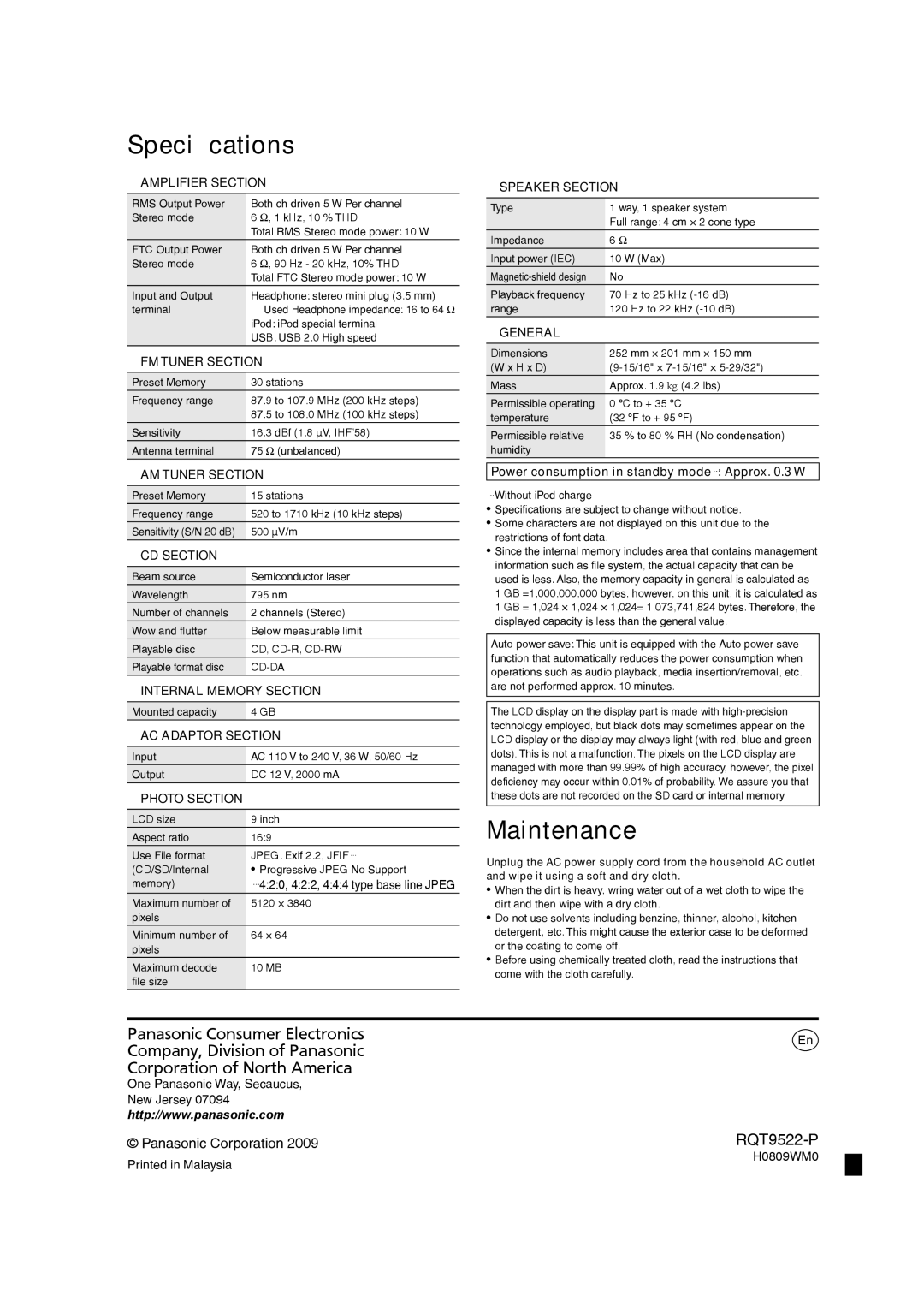 Panasonic MW-10 operating instructions Speciﬁcations, Maintenance 