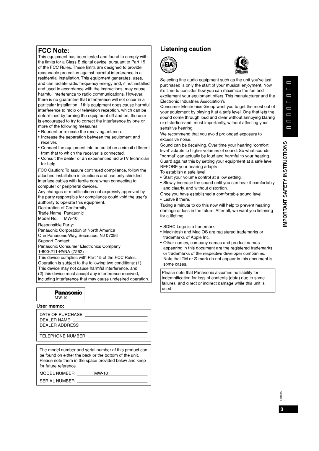 Panasonic MW-10 operating instructions FCC Note, Listening caution, User memo 