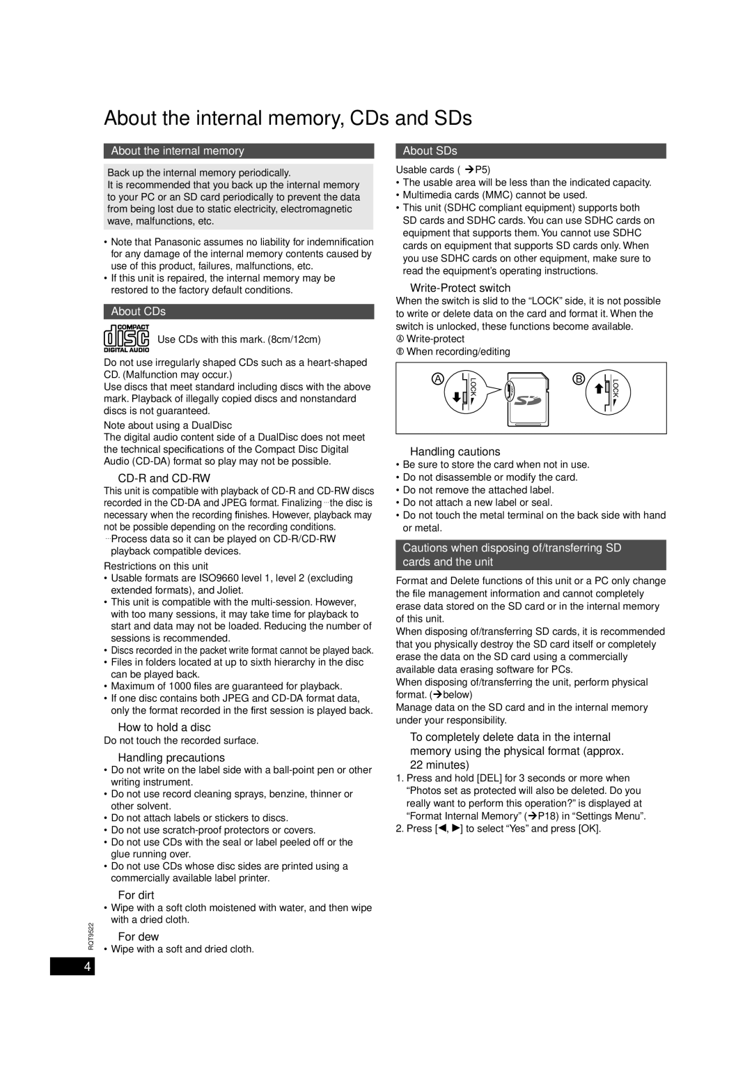 Panasonic MW-10 About the internal memory, CDs and SDs, About the internal memory About SDs, About CDs 