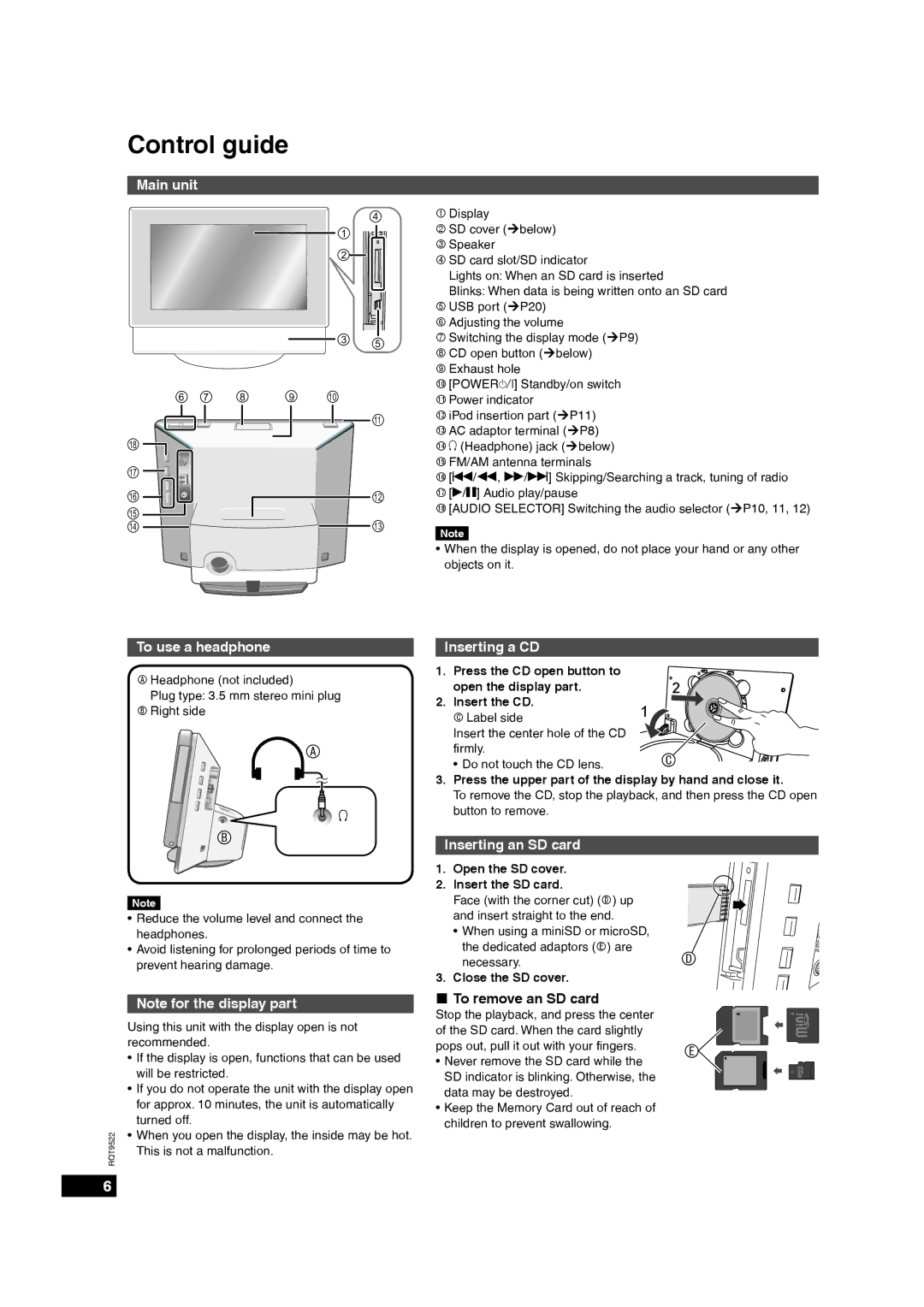 Panasonic MW-10 operating instructions Control guide, Main unit, To use a headphone, Inserting a CD, Inserting an SD card 