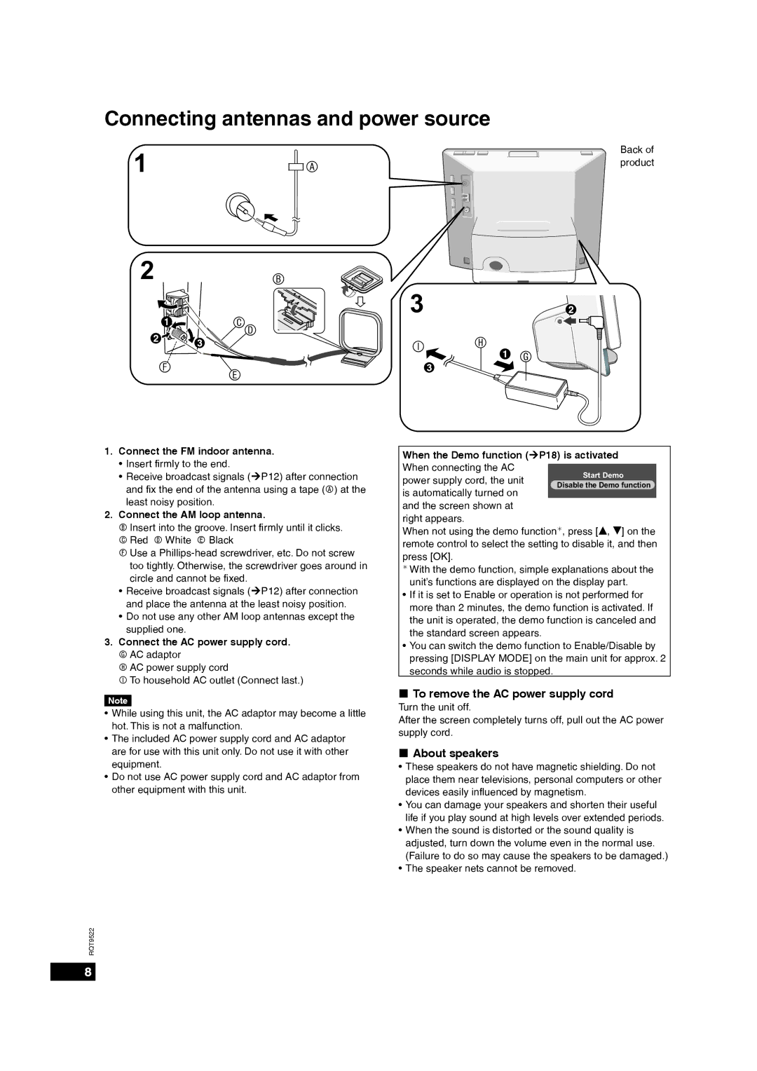 Panasonic MW-10 Connecting antennas and power source, „ To remove the AC power supply cord, „ About speakers 