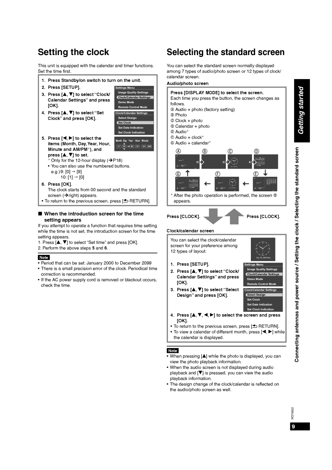 Panasonic MW-10 operating instructions Setting the clock, Selecting the standard screen 