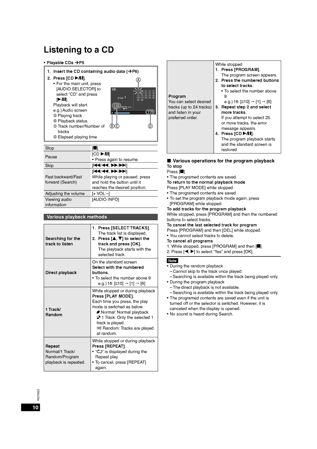 Panasonic MW-10 Listening to a CD, Various playback methods, „ Various operations for the program playback 