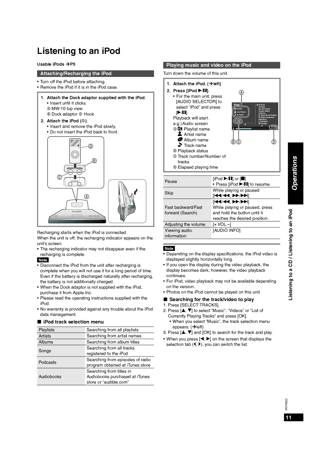 Panasonic MW-10 operating instructions Listening to an iPod, Attaching/Recharging the iPod, „ iPod track selection menu 