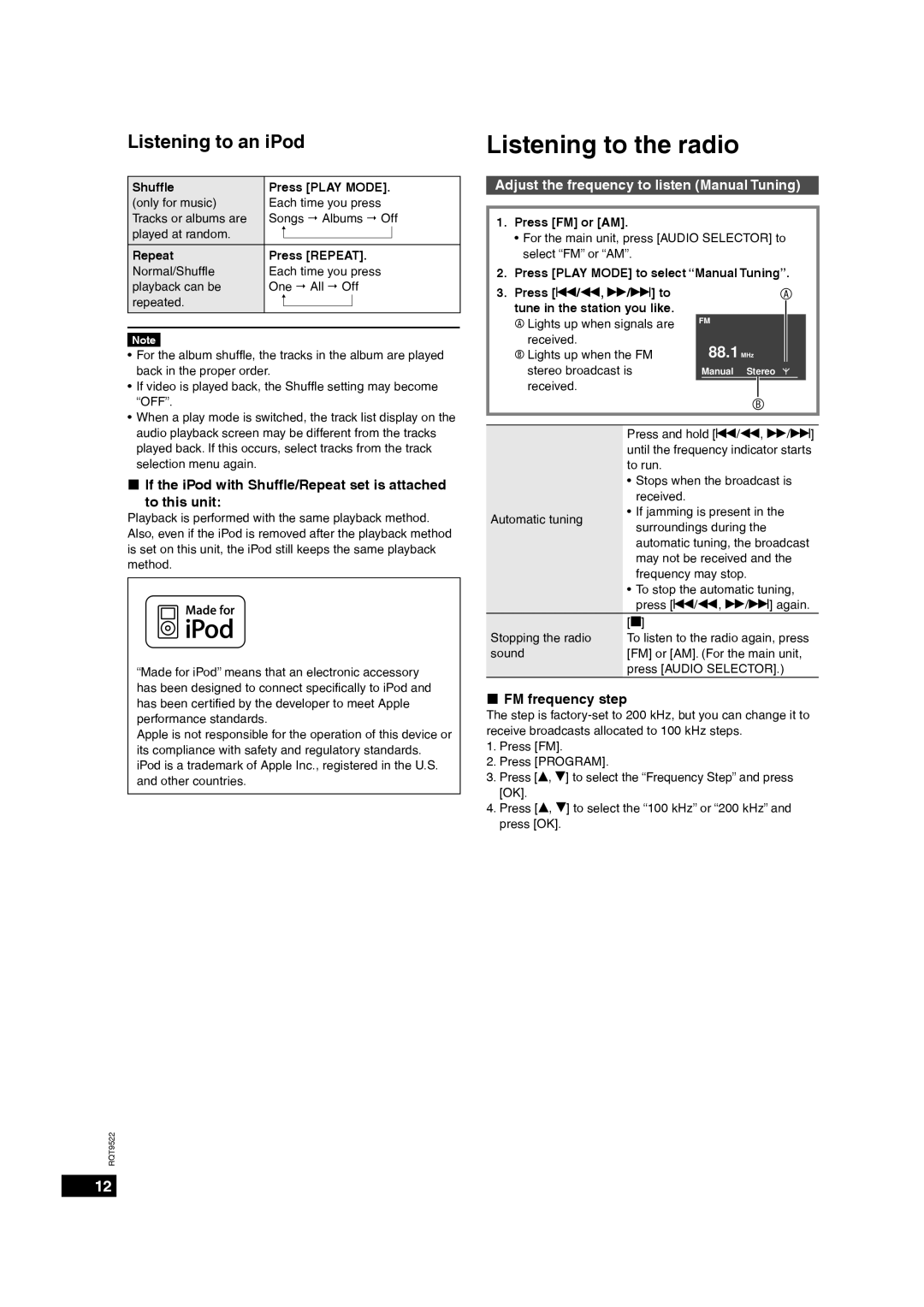 Panasonic MW-10 Listening to the radio, Listening to an iPod, Adjust the frequency to listen Manual Tuning 