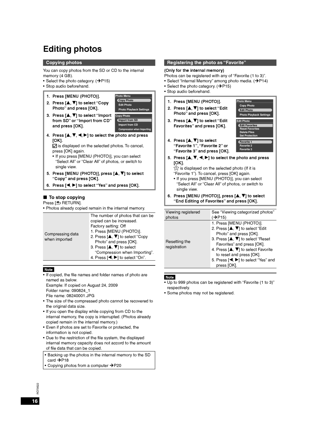 Panasonic MW-10 operating instructions Editing photos, Copying photos, Registering the photo as Favorite, „ To stop copying 