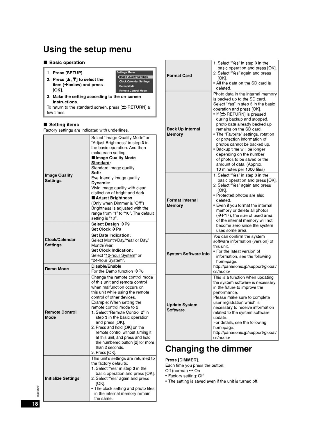 Panasonic MW-10 operating instructions Using the setup menu, Changing the dimmer, „ Setting items 