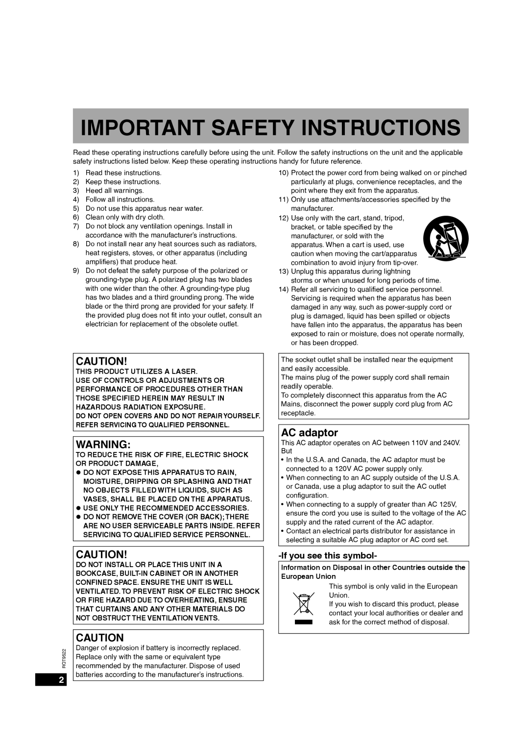 Panasonic MW-10 operating instructions AC adaptor, To Reduce the Risk of FIRE, Electric Shock or Product Damage 