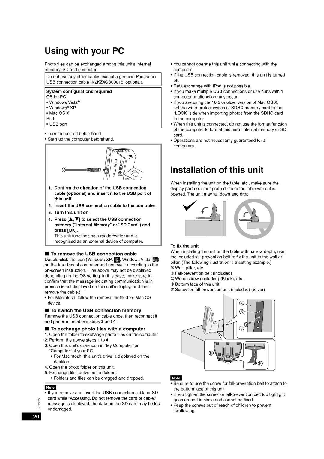 Panasonic MW-10 operating instructions Using with your PC, Installation of this unit, „ To remove the USB connection cable 