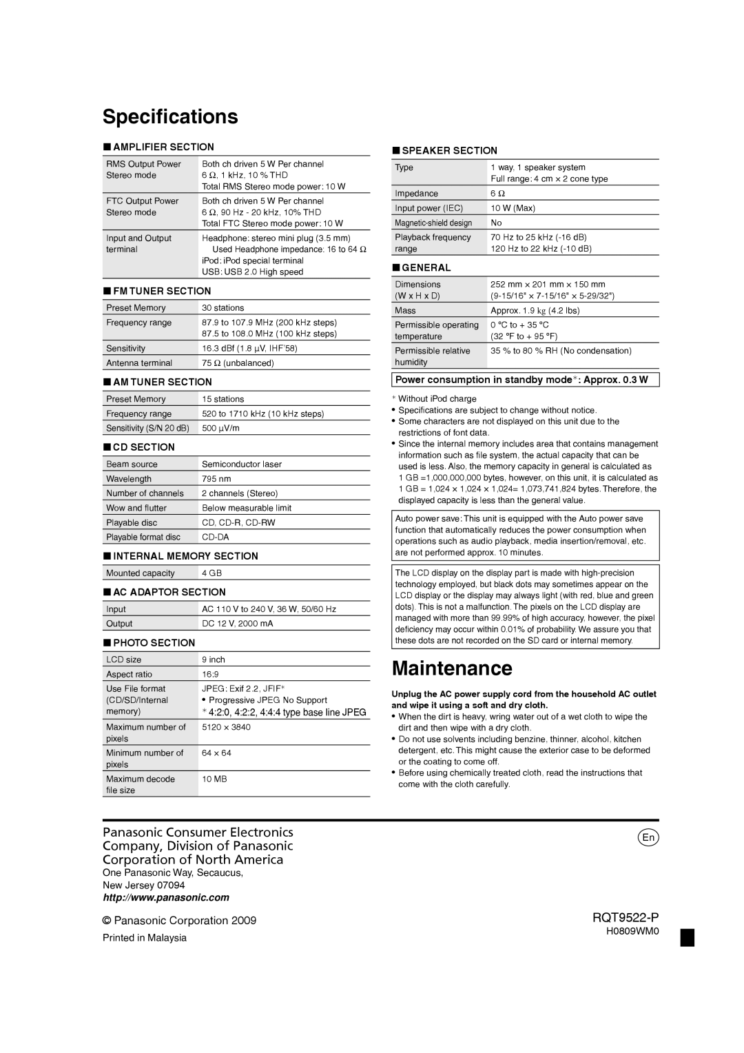 Panasonic MW-10 operating instructions Speciﬁcations, Maintenance 