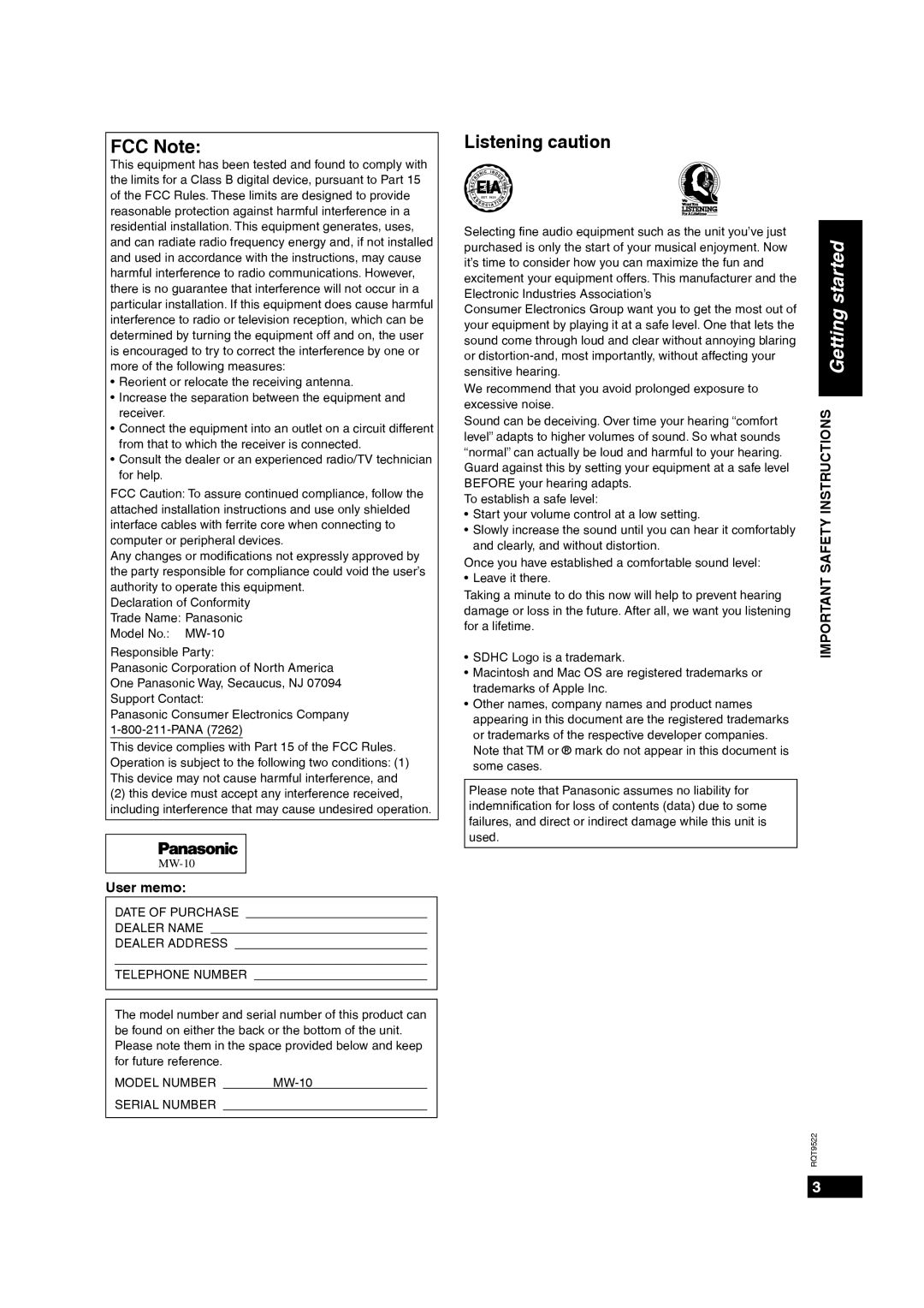 Panasonic MW-10 operating instructions FCC Note, Listening caution, User memo 