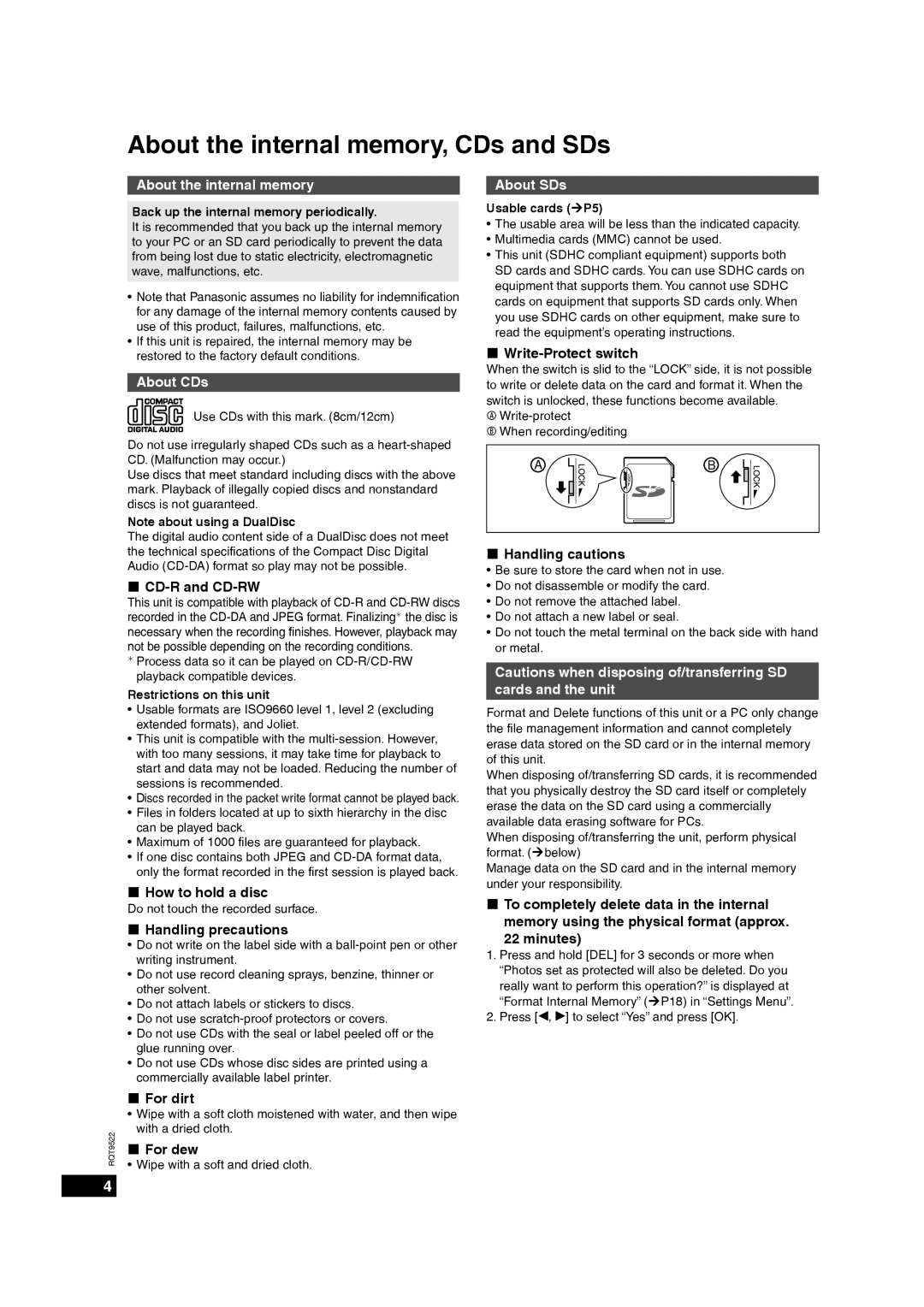 Panasonic MW-10 About the internal memory, CDs and SDs, About the internal memory About SDs, About CDs 