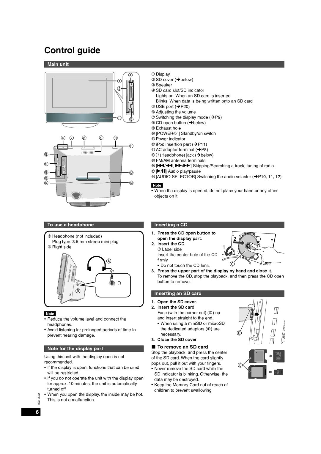 Panasonic MW-10 operating instructions Control guide, Main unit, To use a headphone, Inserting a CD, Inserting an SD card 