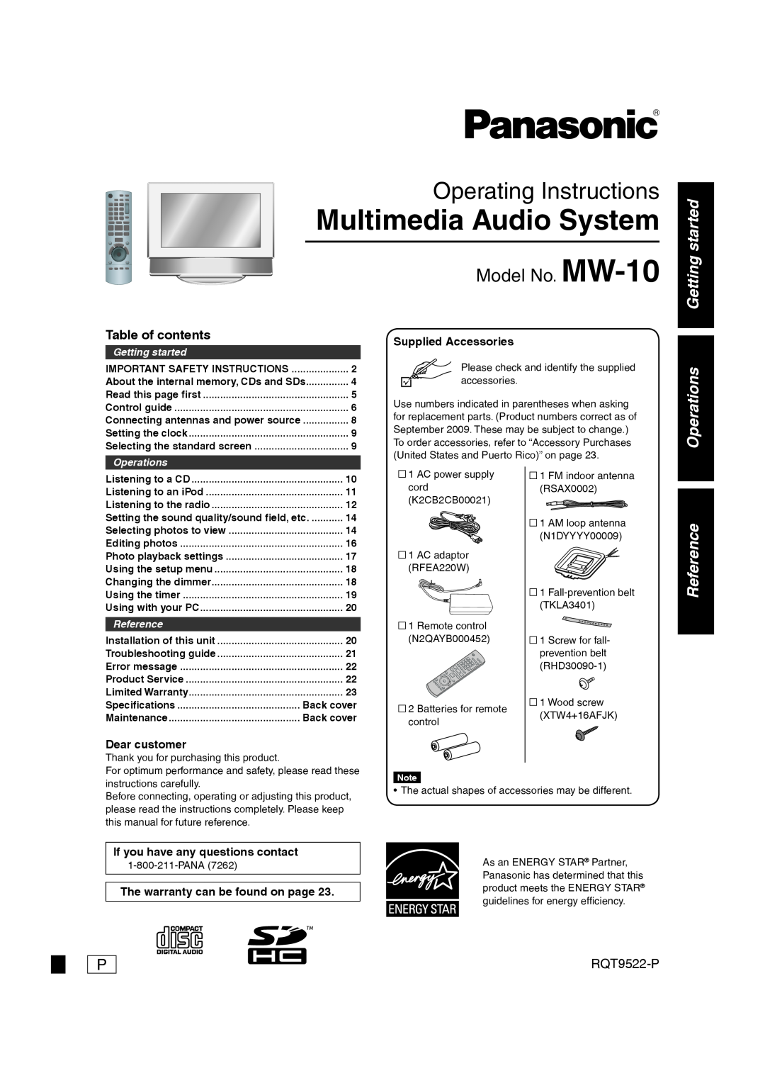 Panasonic MW-10 operating instructions Getting started, Operations, Reference, RQT9522-P, Multimedia Audio System 