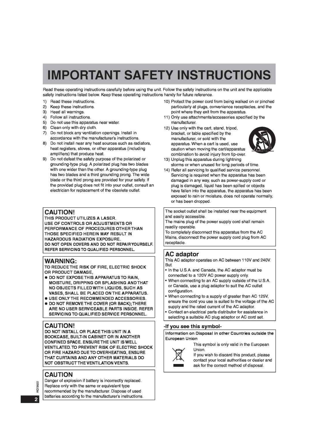 Panasonic MW-10 operating instructions AC adaptor, Ifyou see this symbol, Important Safety Instructions 