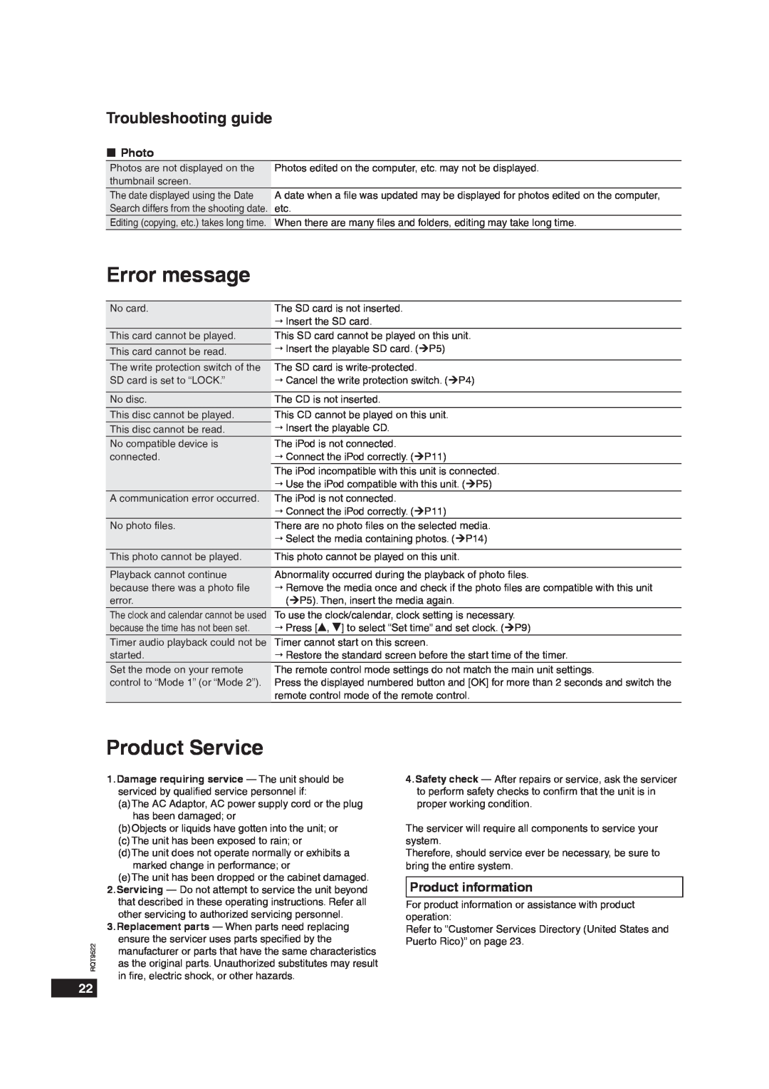 Panasonic MW-10 operating instructions Error message, Product Service, Troubleshooting guide, Product information, „ Photo 