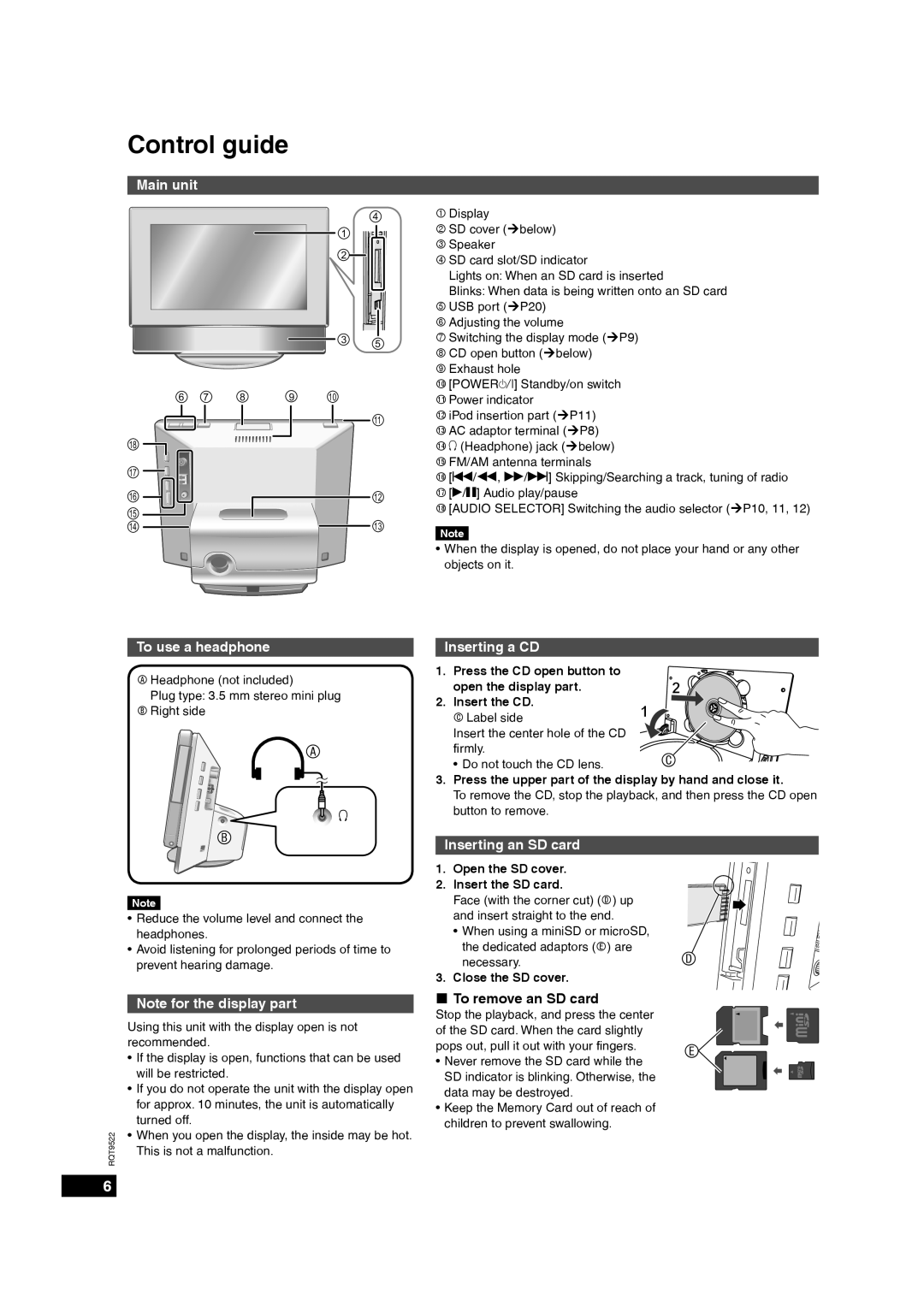 Panasonic MW-10 Control guide, Main unit, To use a headphone, Note for the display part, Inserting a CD 