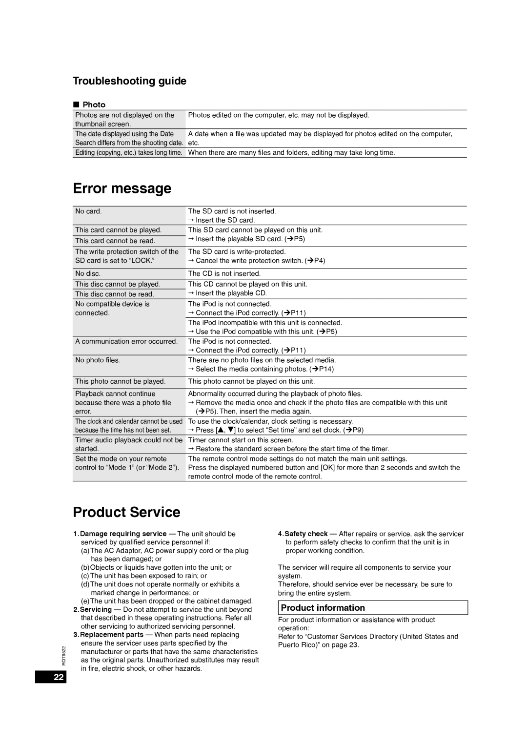 Panasonic MW-10 operating instructions Error message, Product Service, Troubleshooting guide, Product information, „ Photo 