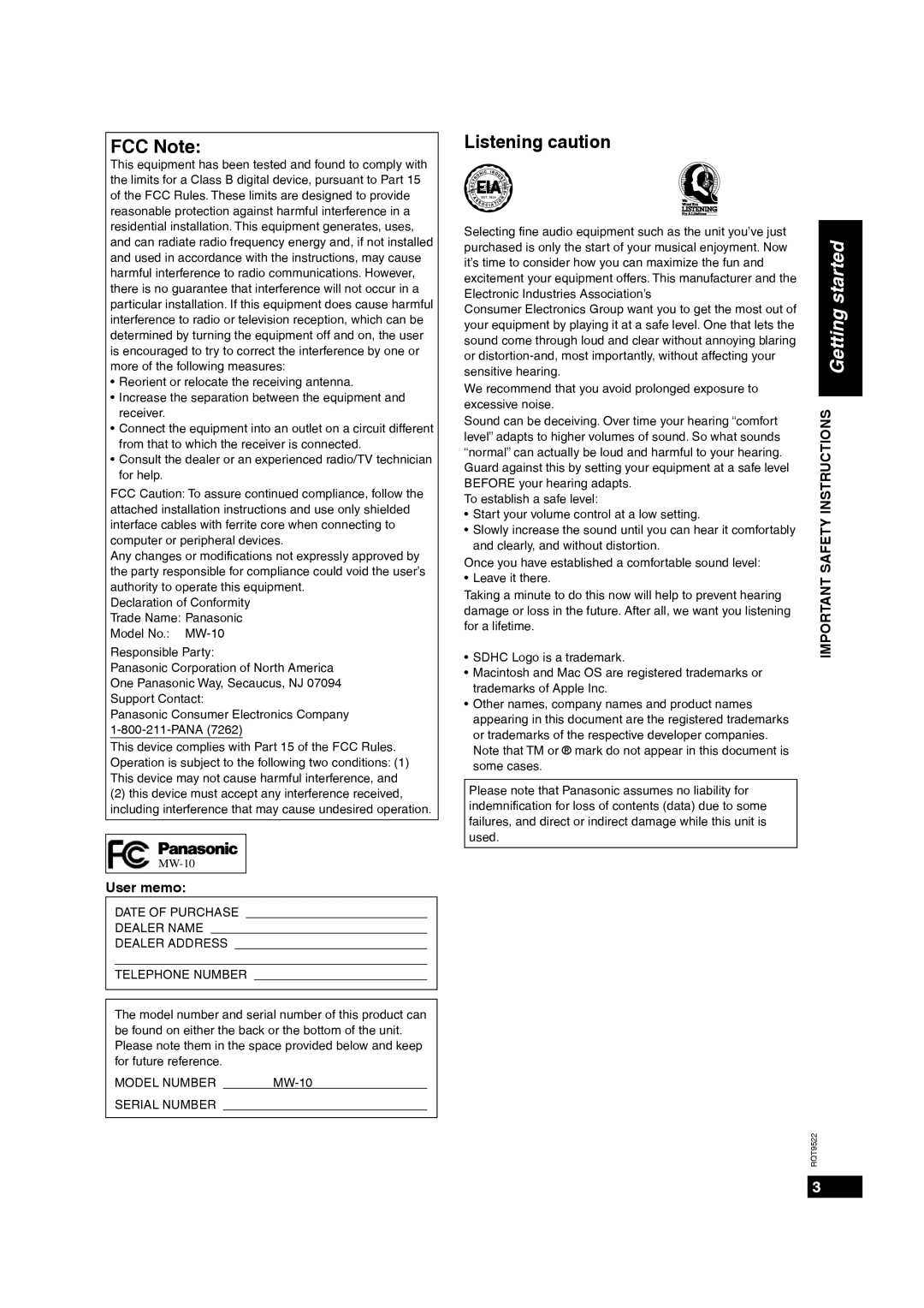 Panasonic MW-10 operating instructions FCC Note, Listening caution, started, User memo 