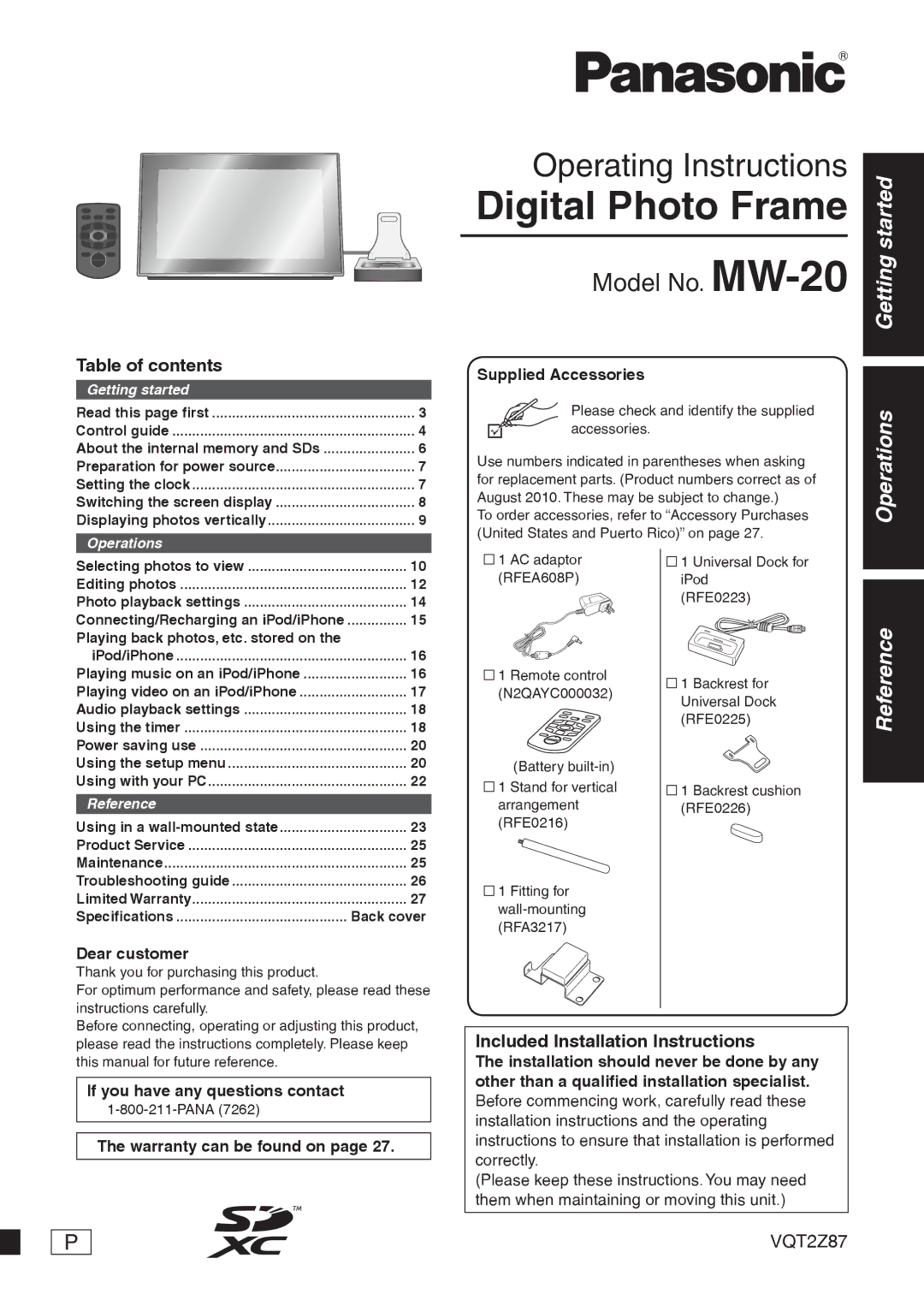 Panasonic MW-20 operating instructions Digital Photo Frame 