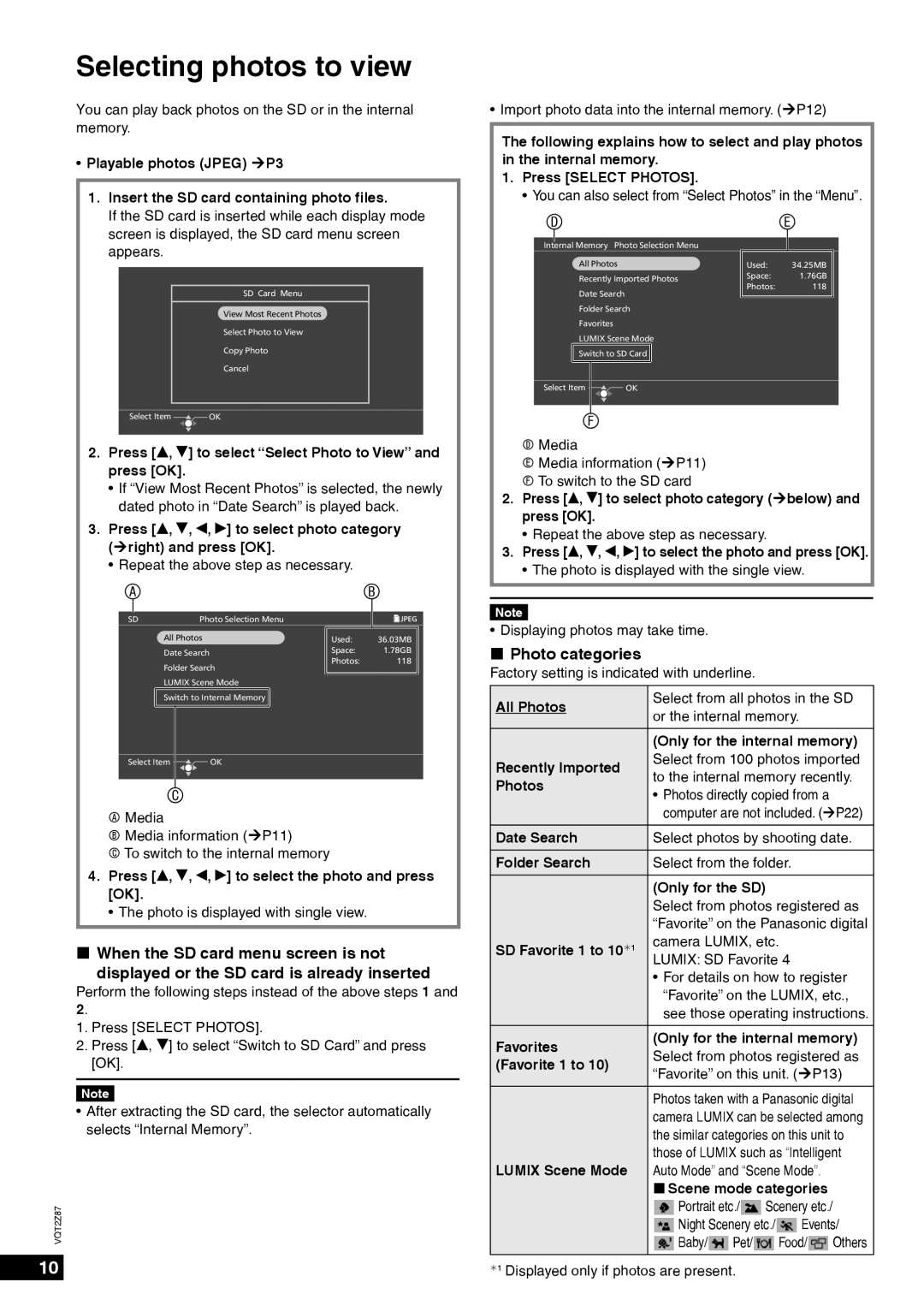 Panasonic MW-20 operating instructions Selecting photos to view, „ Photo categories 