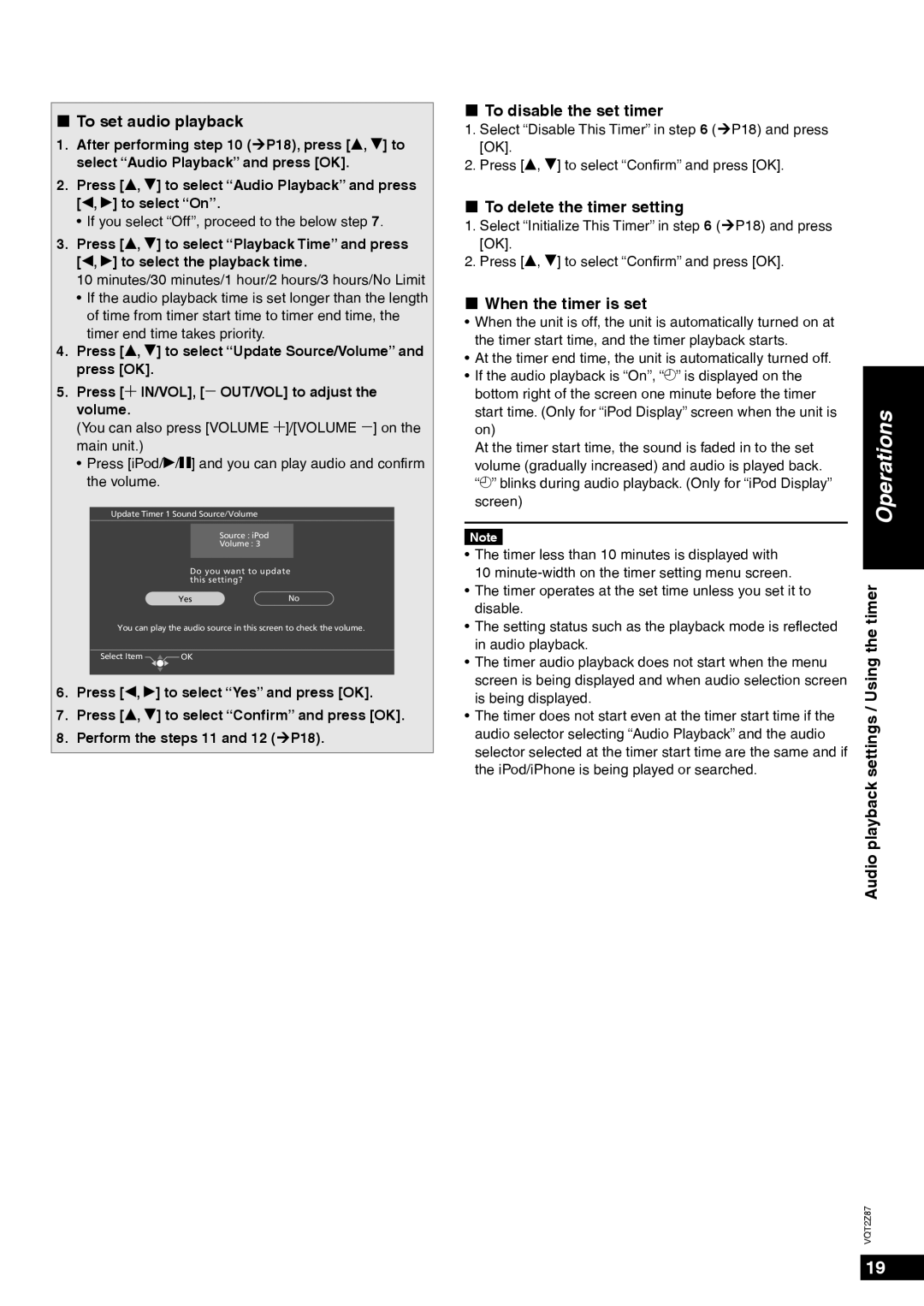 Panasonic MW-20 „ To set audio playback, „ To disable the set timer, „ To delete the timer setting, Timer 