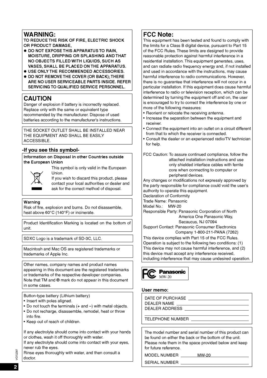 Panasonic MW-20 operating instructions User memo 