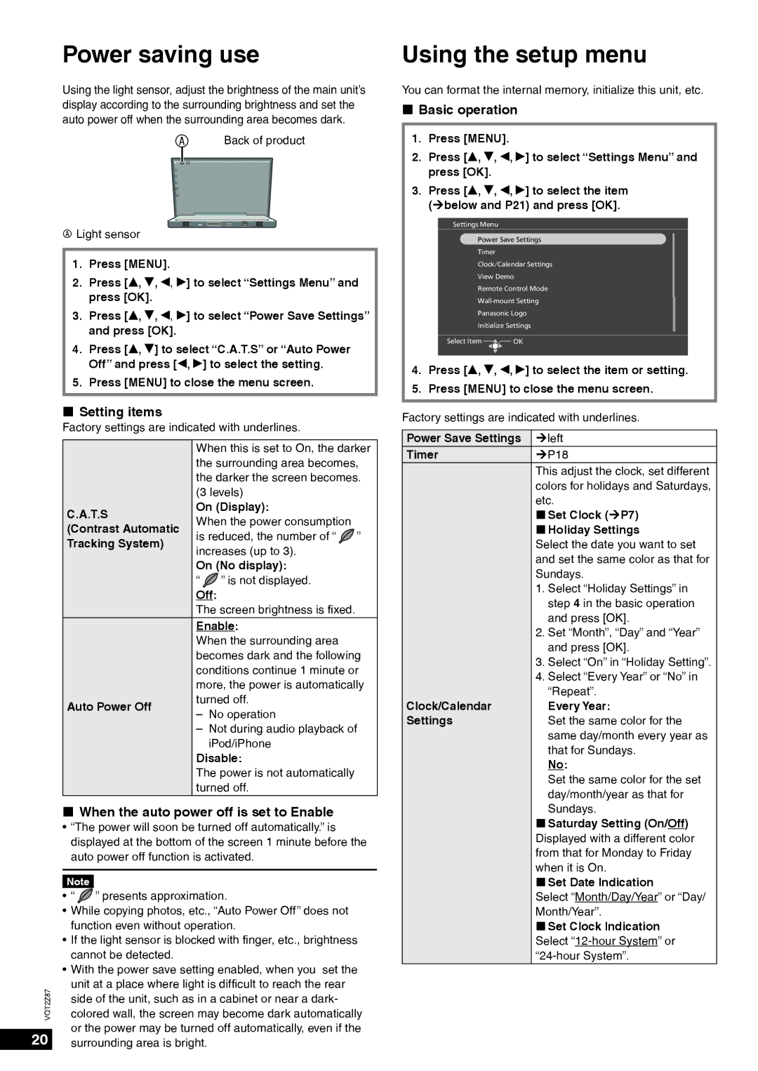 Panasonic MW-20 Power saving use, Using the setup menu, „ Setting items, „ When the auto power off is set to Enable 