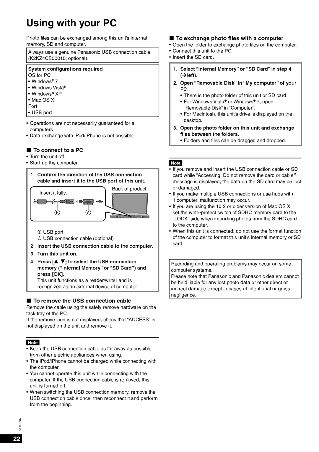 Panasonic MW-20 operating instructions Using with your PC, „ To connect to a PC, „ To remove the USB connection cable 