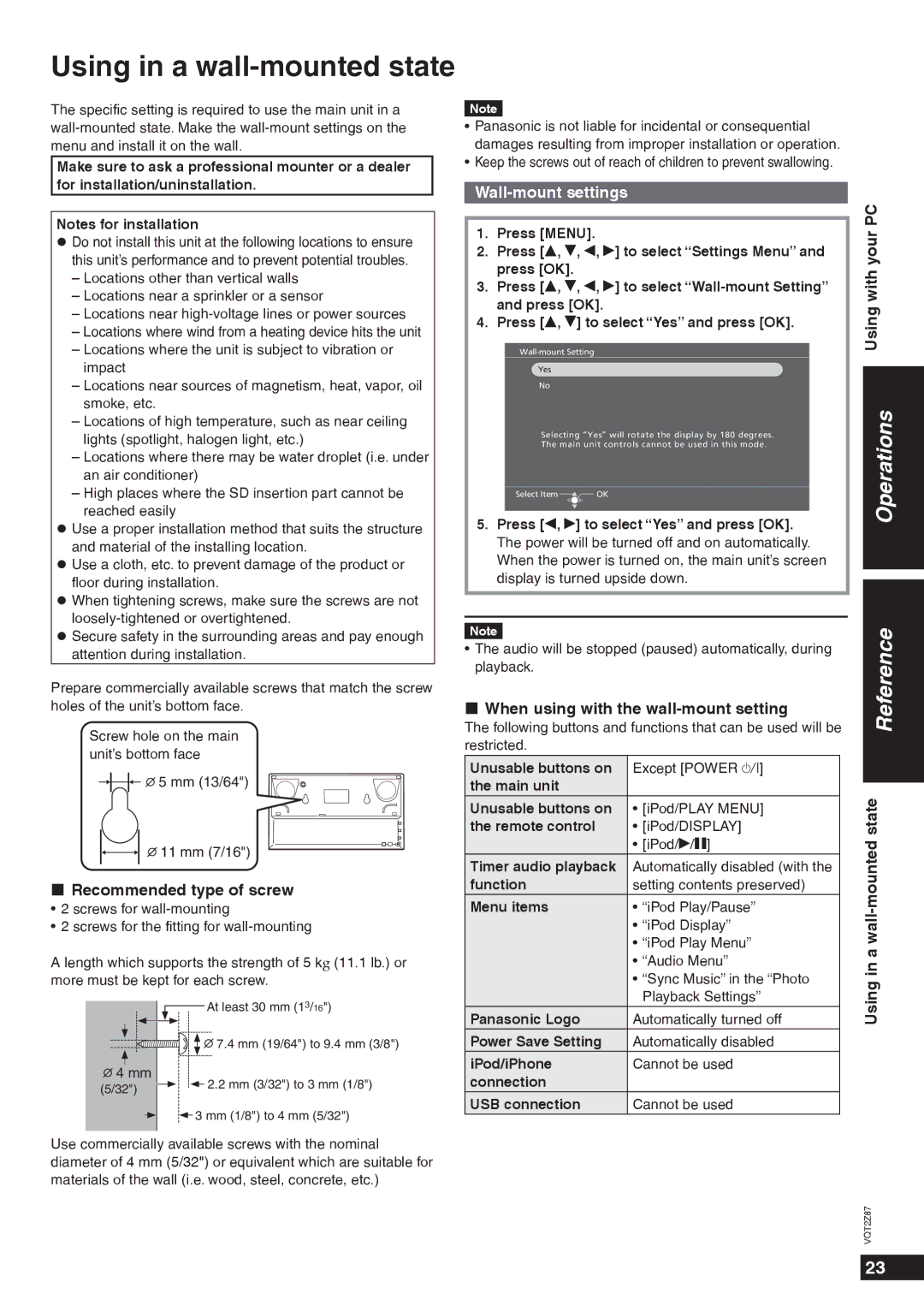 Panasonic MW-20 operating instructions Using in a wall-mounted state, Wall-mount settings 