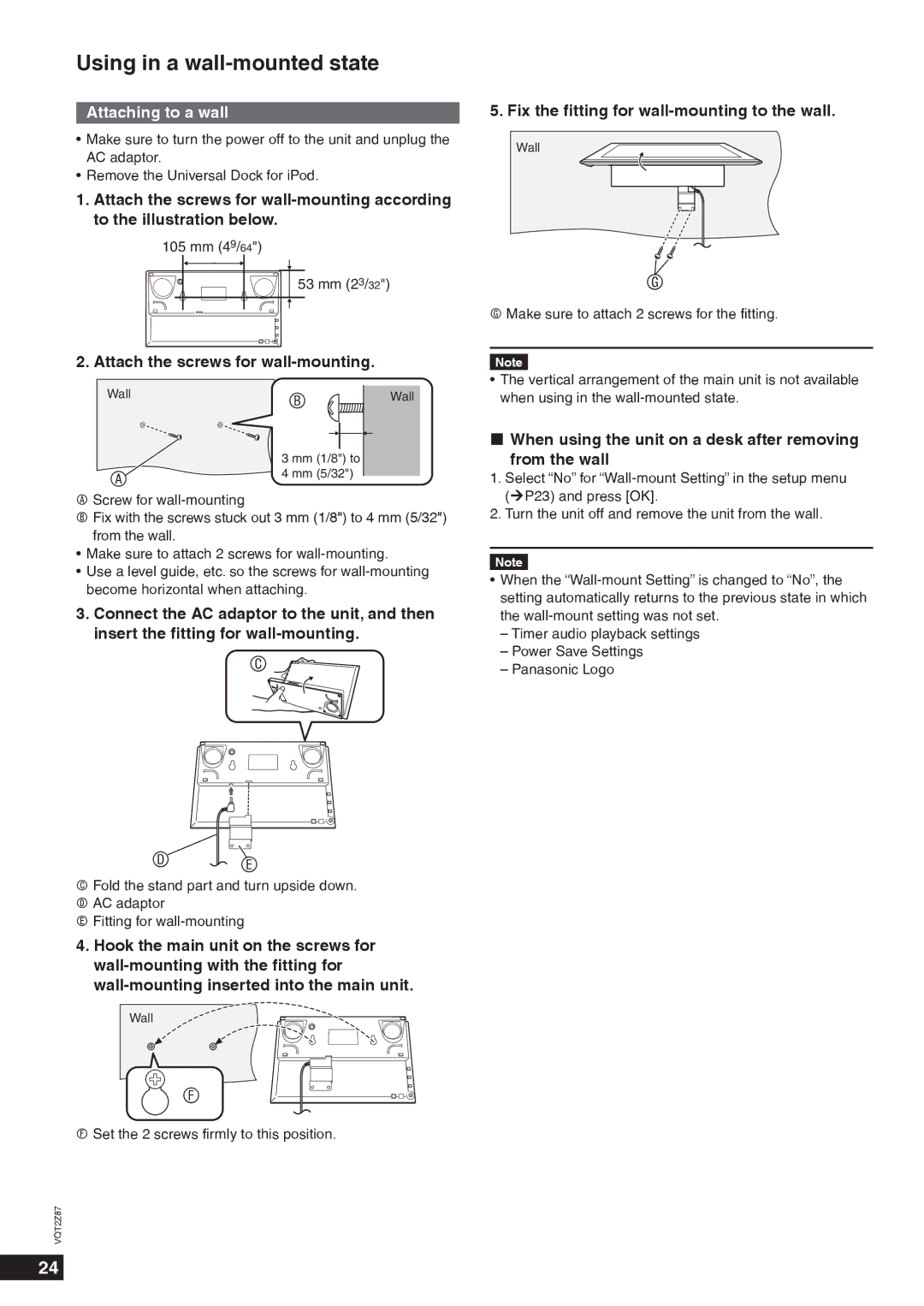 Panasonic MW-20 Attaching to a wall, Attach the screws for wall-mounting, Fix the ﬁtting for wall-mounting to the wall 