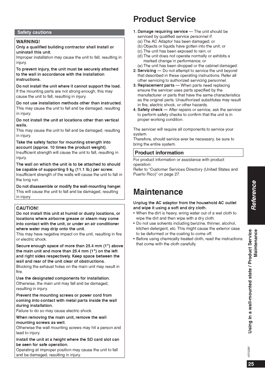 Panasonic MW-20 operating instructions Product Service, Maintenance, Safety cautions 