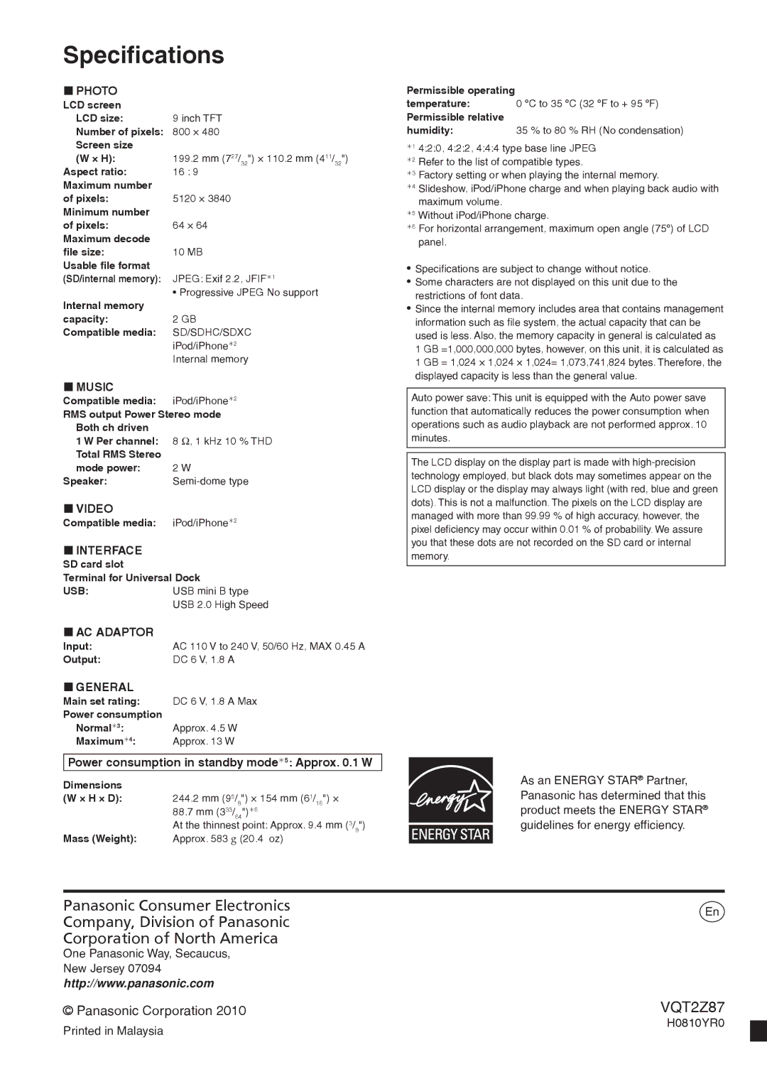 Panasonic MW-20 Speciﬁcations, Power consumption in standby mode¼5 Approx .1 W, One Panasonic Way, Secaucus New Jersey 