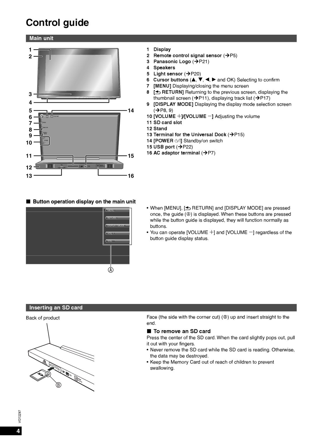 Panasonic MW-20 Control guide, Main unit, „ Button operation display on the main unit, Inserting an SD card 