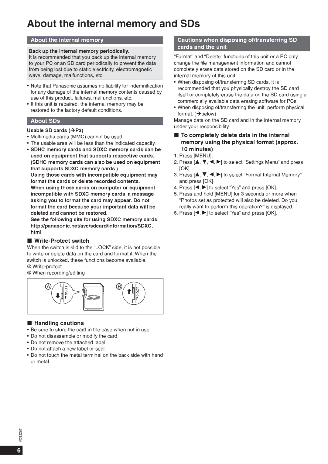 Panasonic MW-20 About the internal memory and SDs, About SDs, „ Write-Protect switch, „ Handling cautions 